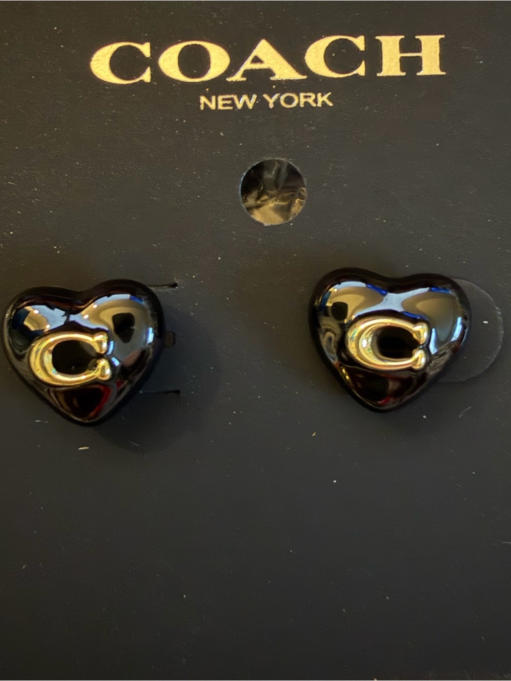 Coach Gold Tone Black Heart Stud Earrings